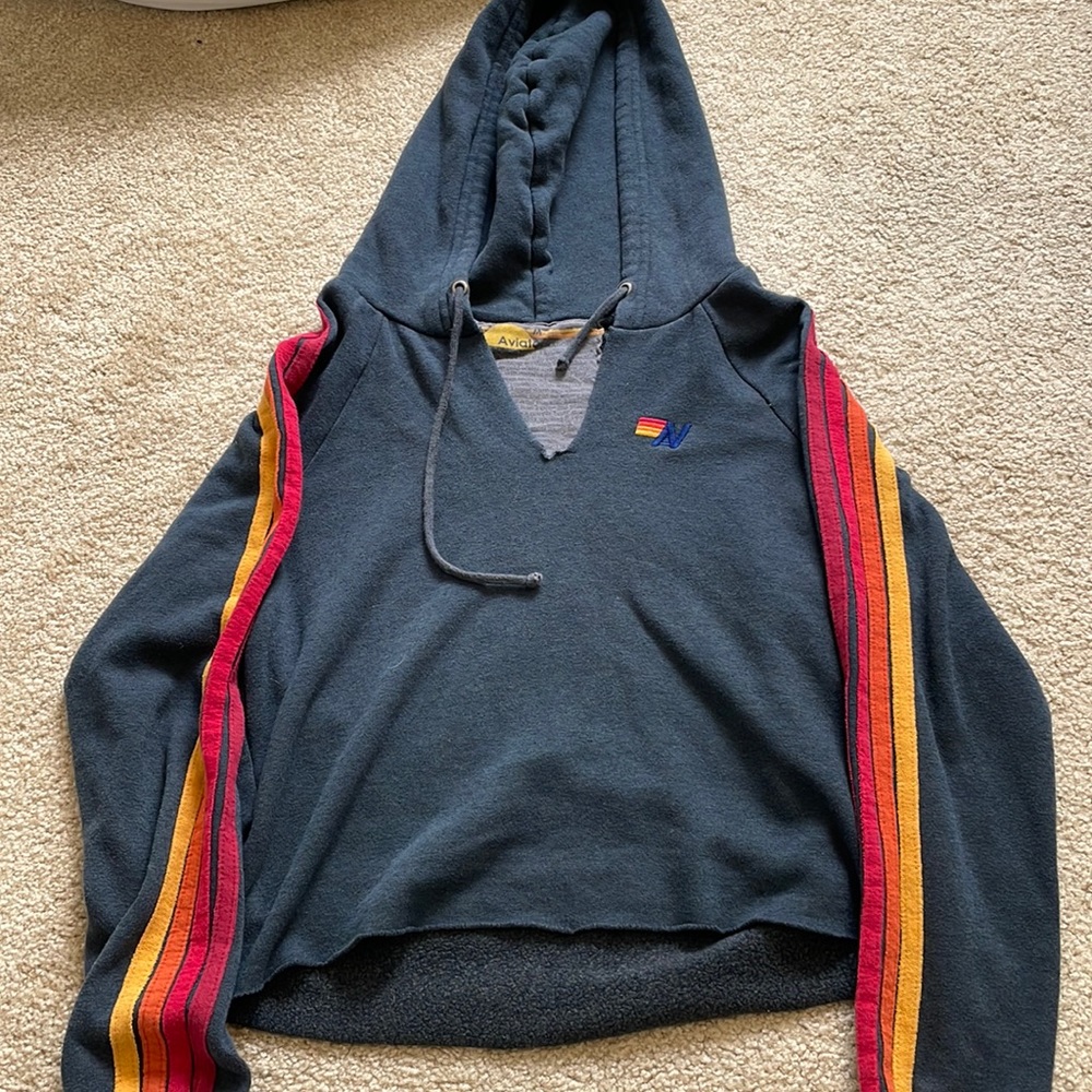 Aviator Nation 4 STRIPE BOLT SPLIT-NECK PULLOVER CROP HOODIE